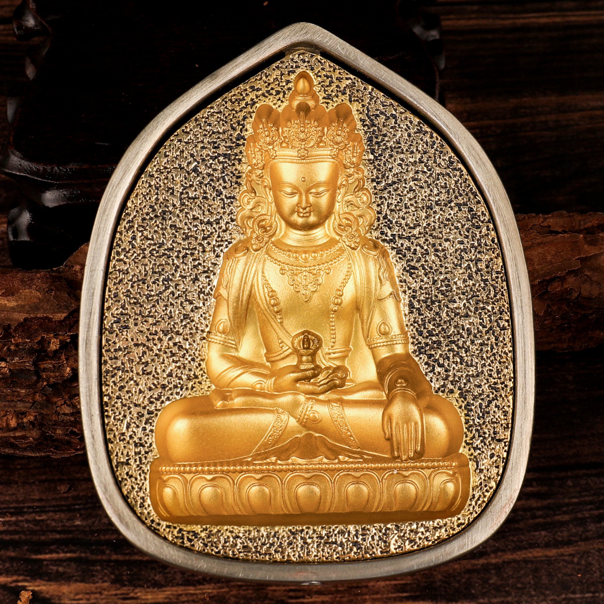 Tibetan Buddhist offering tsatsa statue made from handcrafted metal.