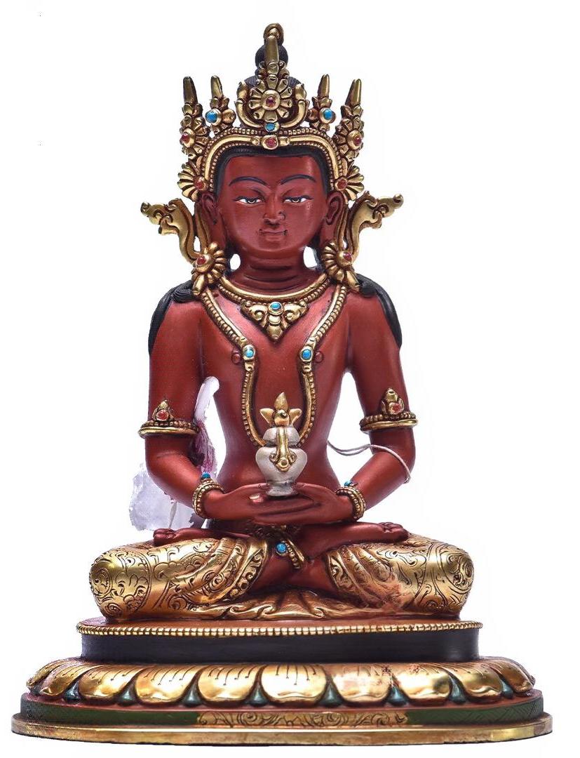 Tibetan Buddhist Amitayus Long Life Buddha handcrafted statue in gilded brass with hand-painted details, a fine example of Buddhist art.