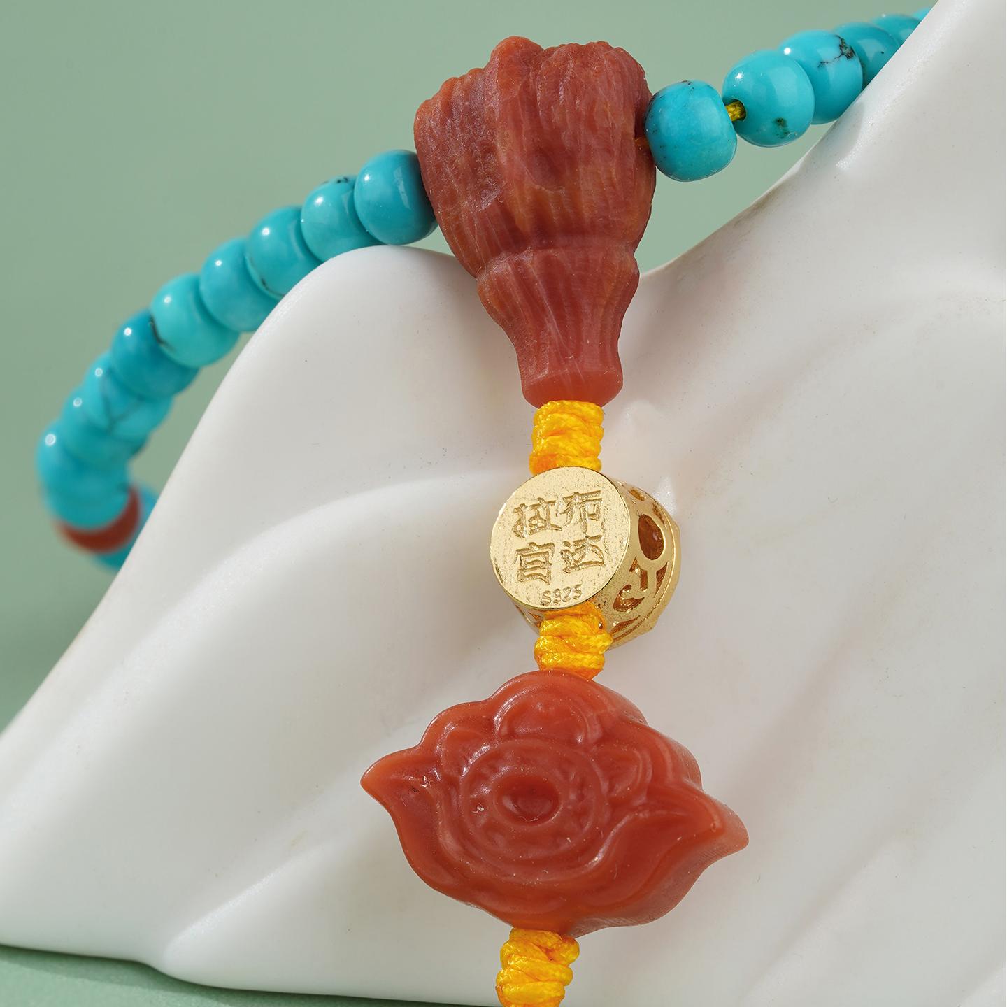Tibetan Buddhist turquoise and south red coral necklace for mindfulness, courage, and positive energy.