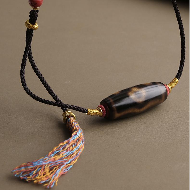 Unique Tibetan Buddhist Two Eye Tian Zhu Pendant with Agate Beads and Copper Accents