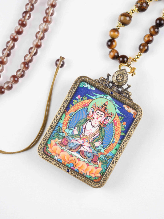 Hand-painted Vairocana Buddha Zodiac Protector Thangka pendant crafted on sacred Tibetan canvas.
