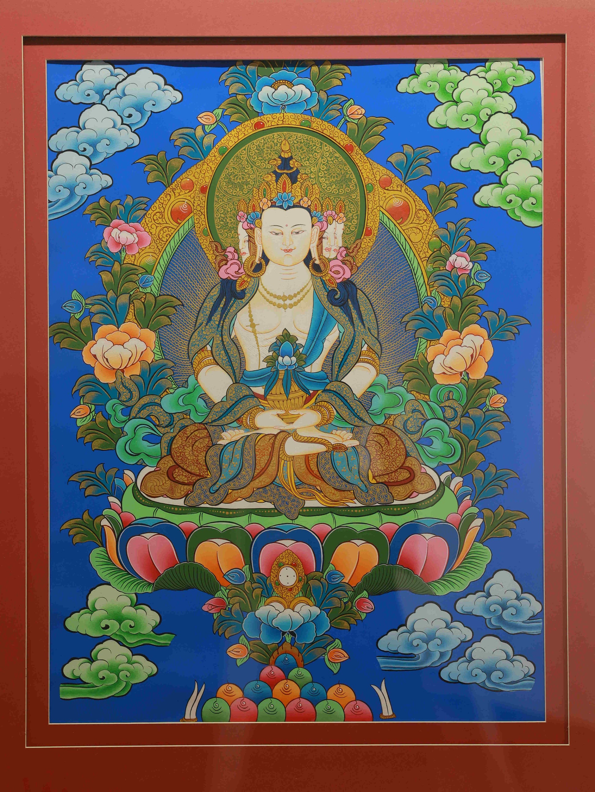 Hand-painted Tibetan Buddhist Vairocana Dainichi Buddha Thangka on canvas for meditation and spiritual practice.