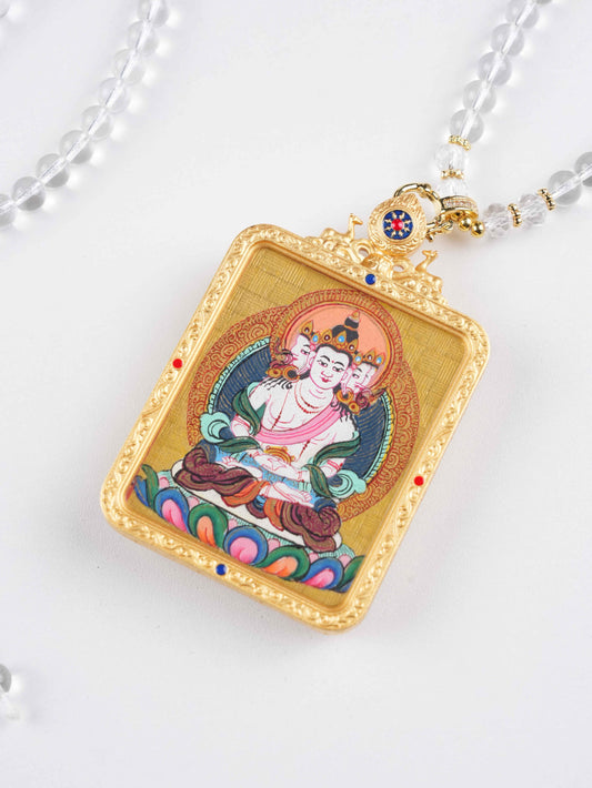 Hand-painted Tibetan Thangka pendant of Vairocana Buddha, zodiac guardian offering wisdom and enlightenment.
