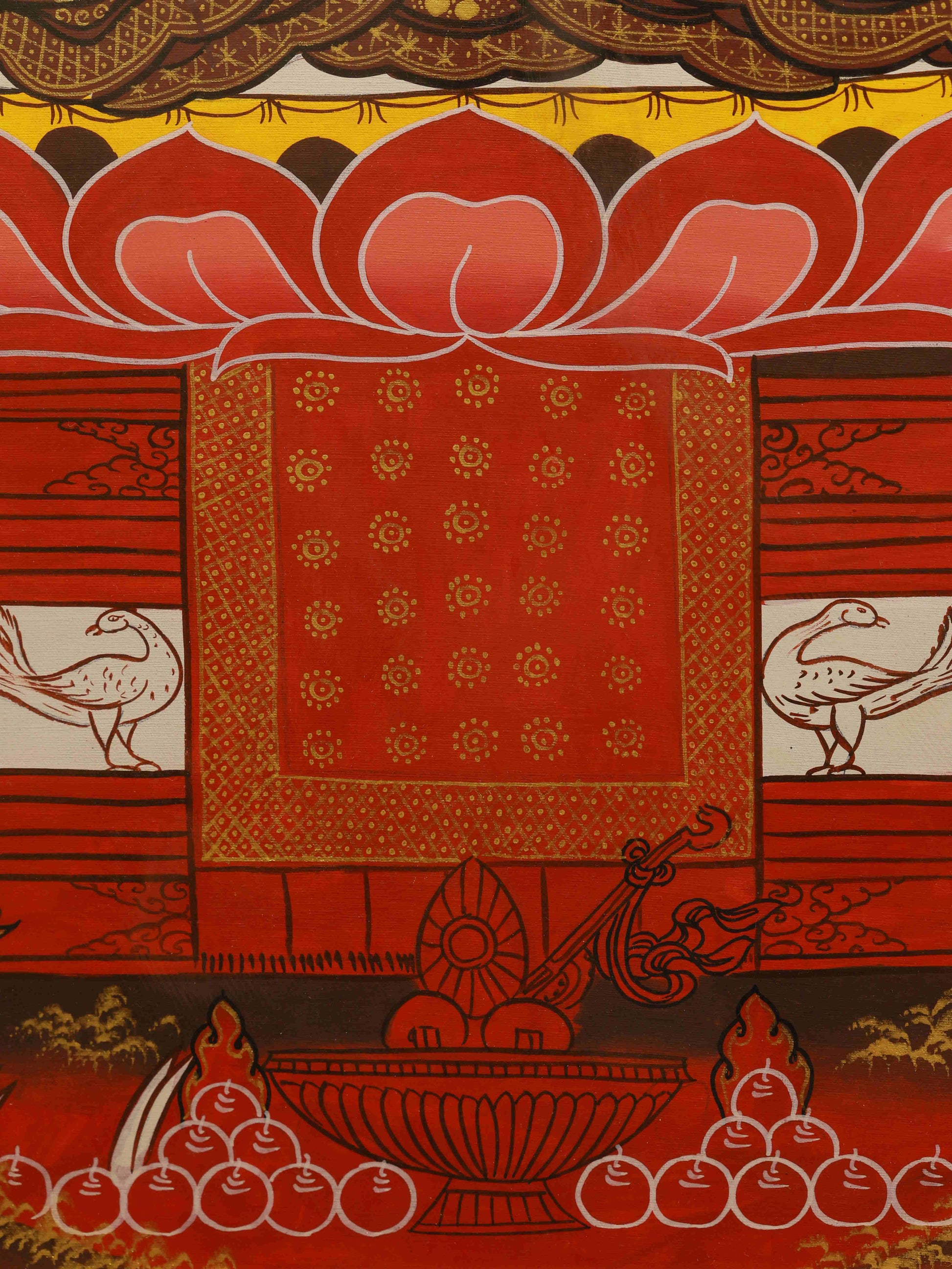 Tibetan Thangka of Mahavairocana Buddha, hand-painted spiritual art representing enlightenment and purity.