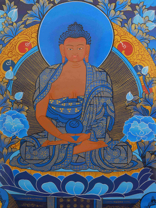 Tibetan Thangka of Mahavairocana with Chinese zodiac symbols, representing harmony, rebirth, and cosmic order.