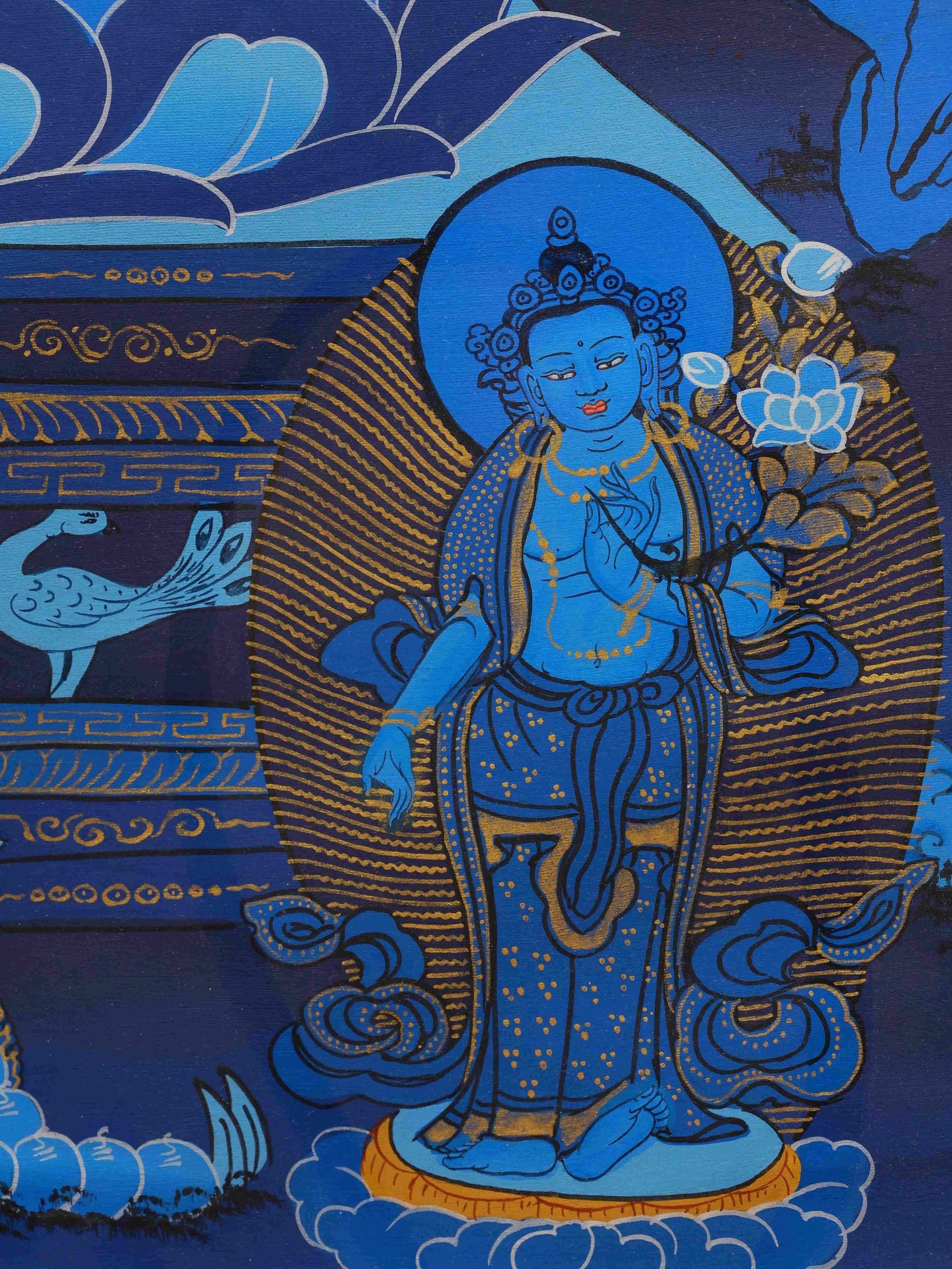 Hand-painted Vairochana Buddha Thangka using natural mineral pigments on Tibetan canvas.