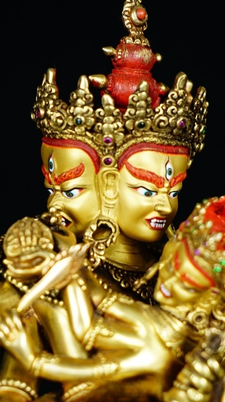 Tibetan Buddhist Diamond Vajra statue, exquisitely gilded with mineral pigments, beautifully representing Buddhist sculpture and art.