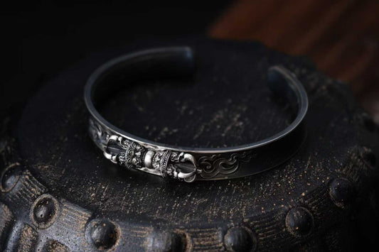 Tibetan Buddhist handmade S925 silver Vajra cuff bracelet with fine craftsmanship