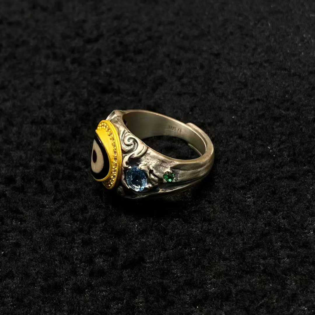 Handcrafted S925 silver Vajra ring with multiple jewels for spiritual practice