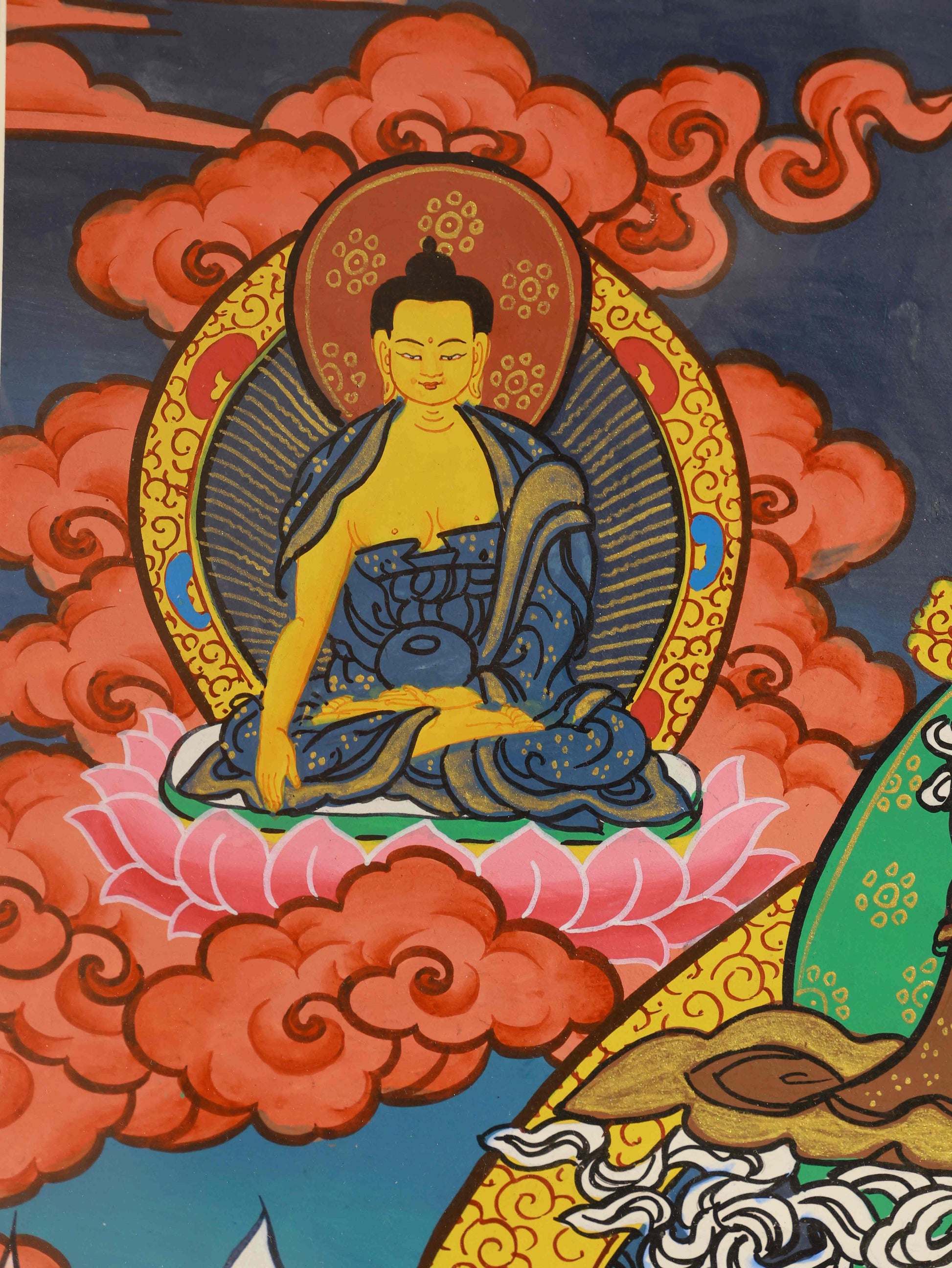 Hand-painted Tibetan Thangka of Yellow Dzambhala – Sacred art symbolizing fortune and generosity.