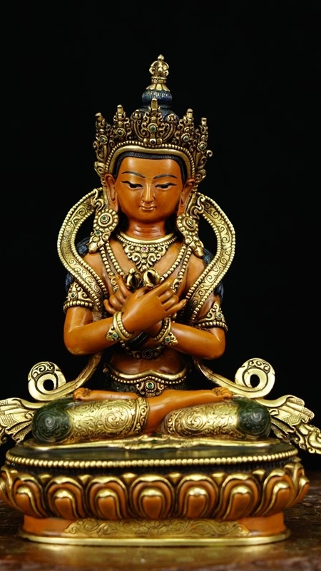 Gilded Vajradhara tantric deity statue in Tibetan Buddhism, handcrafted with mineral materials and hand-painted details