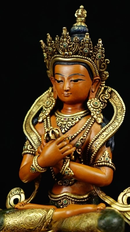 Tibetan Buddhist Vajradhara meditation statue, handcrafted Buddha Statue-Art with gilded surface and mineral materials for shrine space