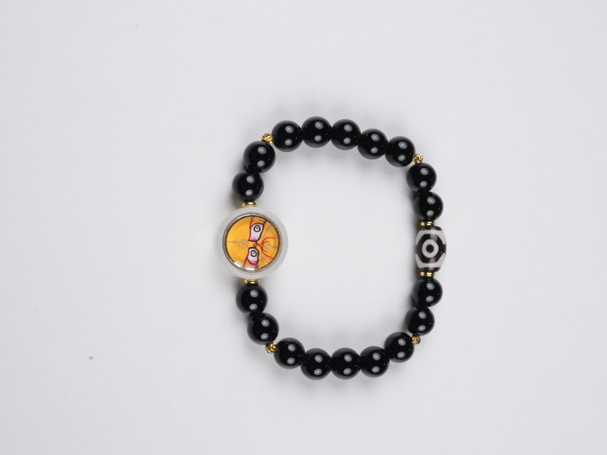 Exquisite Tibetan Buddhist Vajrapani thangka bracelet, hand-painted with mineral pigments on sacred thangka canvas, symbolizing protection and enlightenment in Buddha art.
