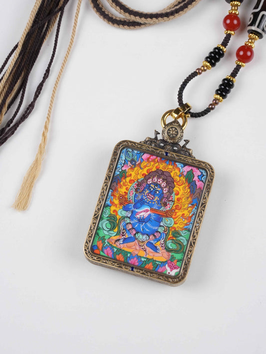 Mini Vajrapani Tibetan Thangka painting pendant crafted with mineral pigments on sacred canvas.