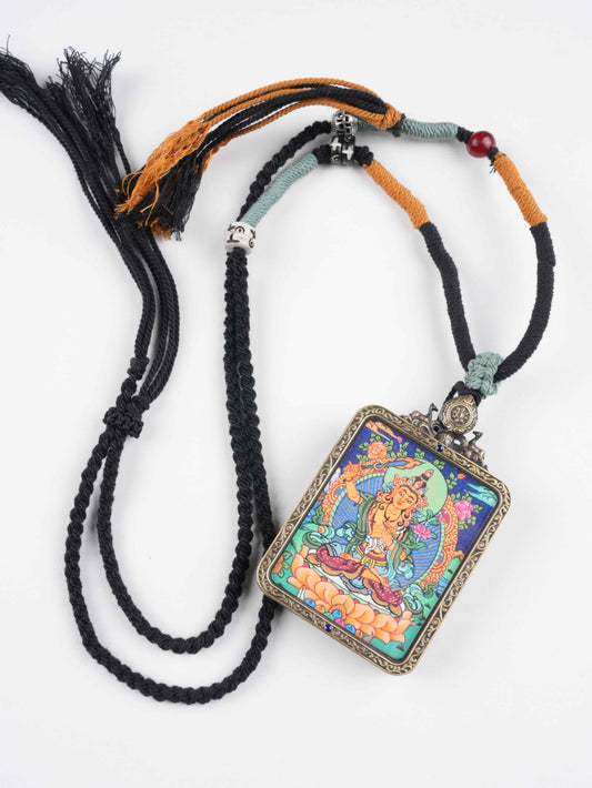 Tibetan Buddhist Vajrapani thangka pendant, hand-painted on thangka canvas with mineral pigments, symbolizing power, protection, and courage.