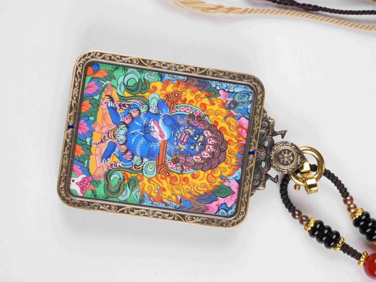 Mini Vajrapani Thangka pendant offering protection, courage, and enlightenment energy.