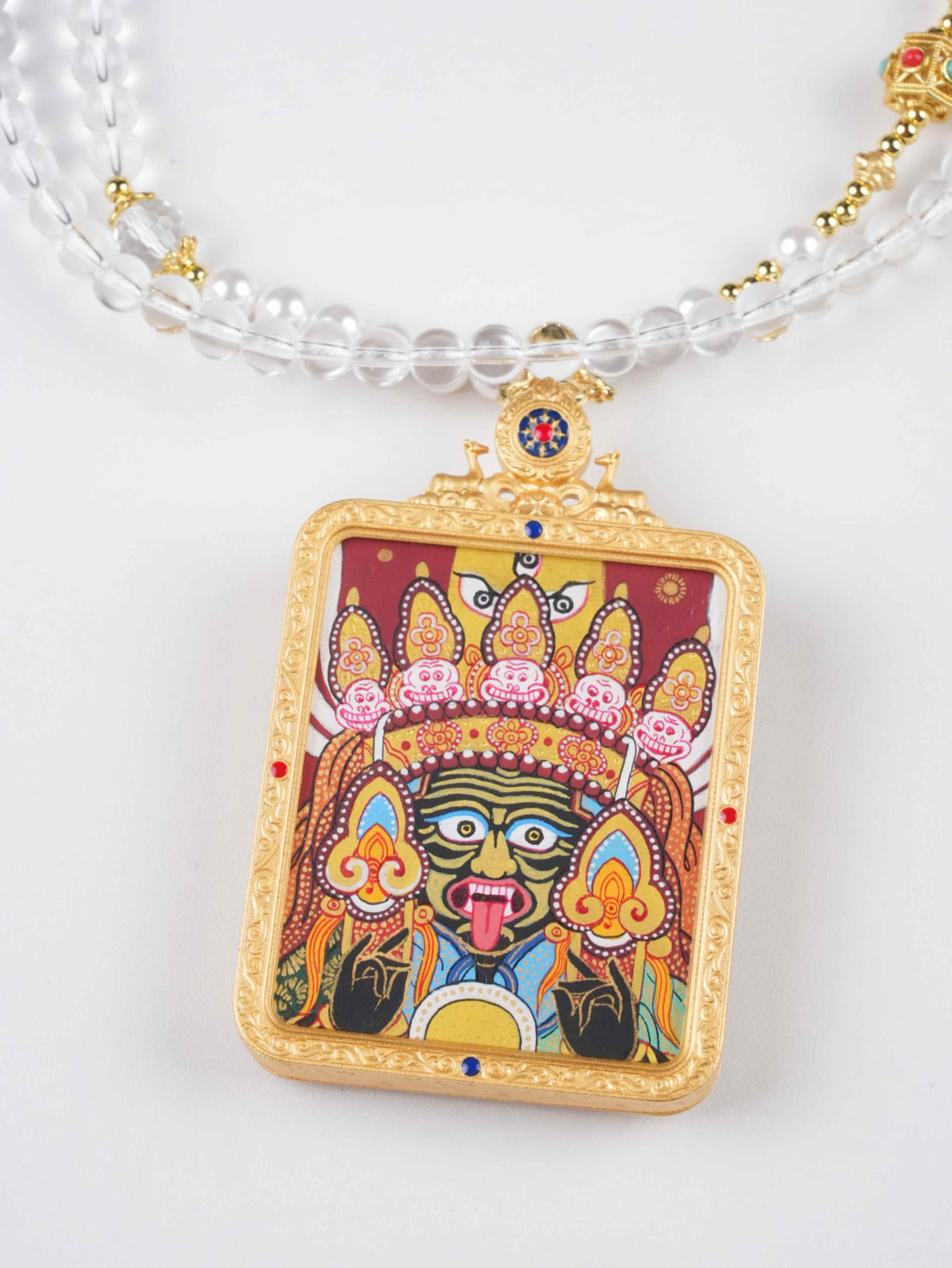 Protective Deity Yellow Vajrayogini Mini Thangka Pendant – Handmade thangka painting for spiritual strength and harmony.