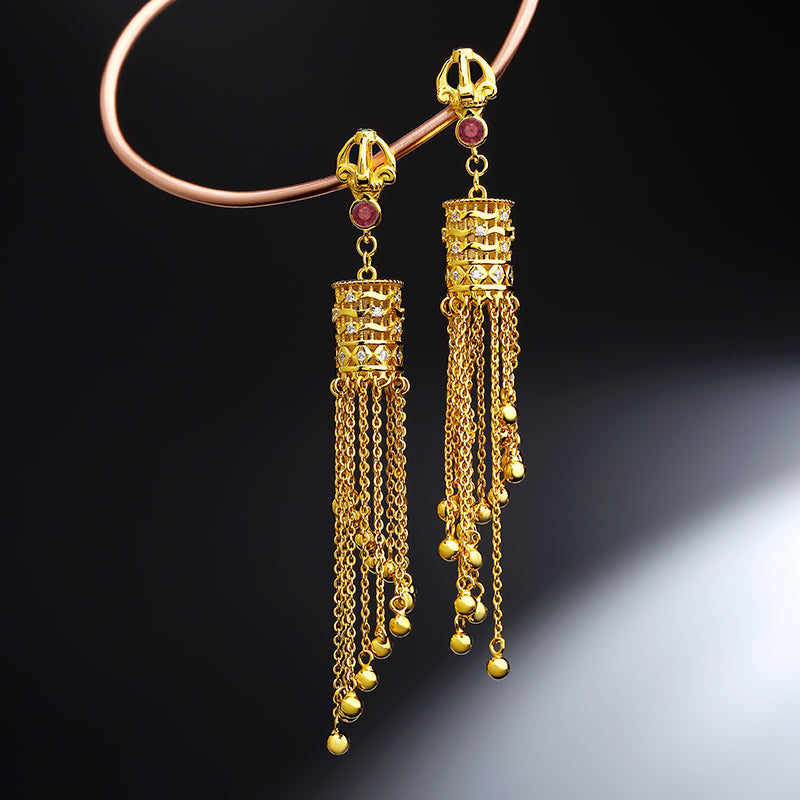 "Handmade Tibetan Buddhist Wanfu Jinan earrings in 925 silver with cubic zirconia, symbolizing prosperity and spiritual harmony."