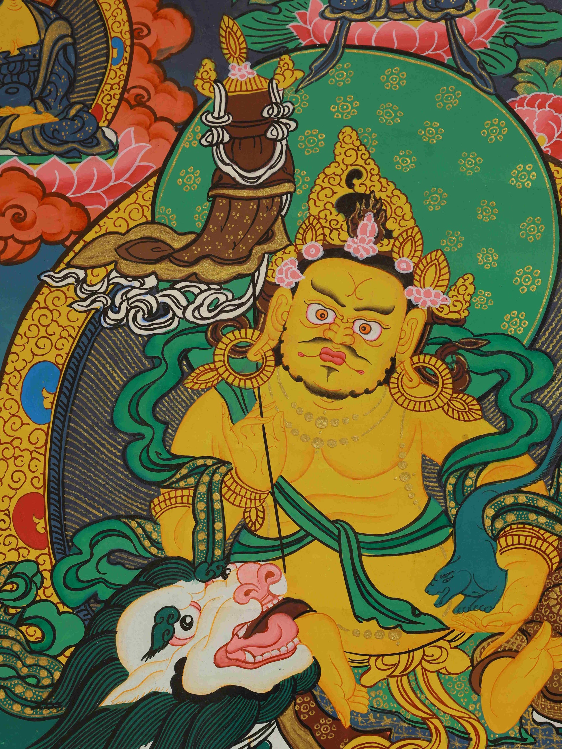 Tibetan Buddhist Dzambhala Thangka Painting – Prosperity deity artwork on canvas with mineral pigments.