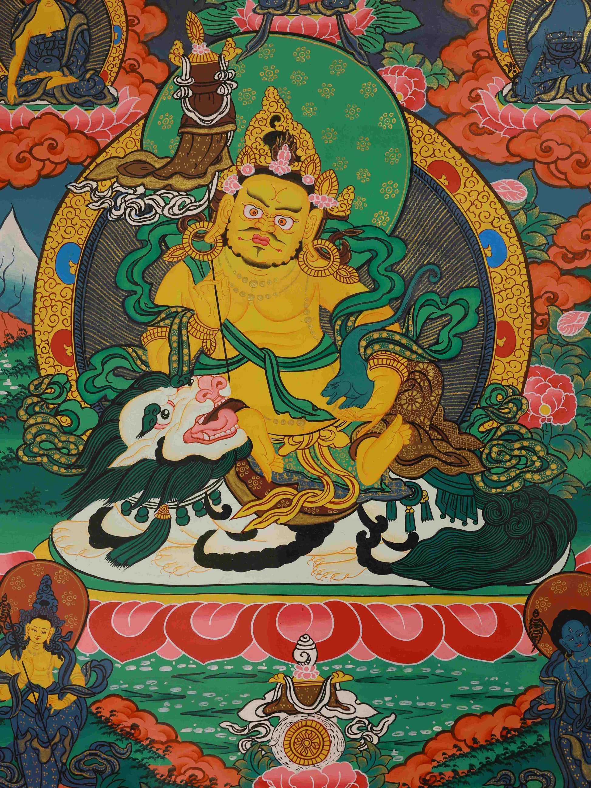 Yellow Jambhala Thangka – Tibetan Buddhist hand-painted art for wealth and spiritual growth.
