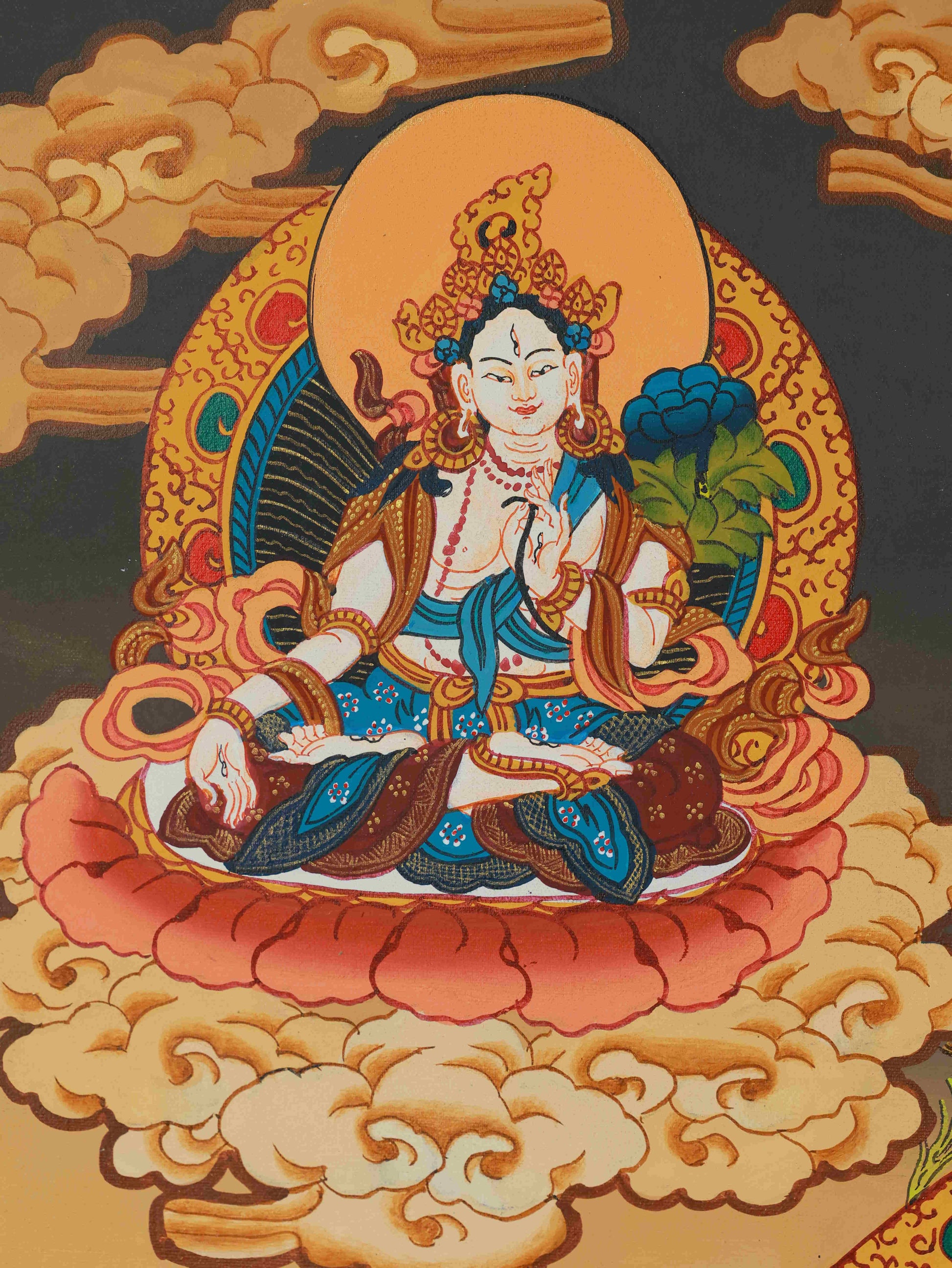 Handcrafted Tibetan Buddhist Thangka of Yellow Jambhala, featuring intricate Buddha art and sacred details for wealth and protection.