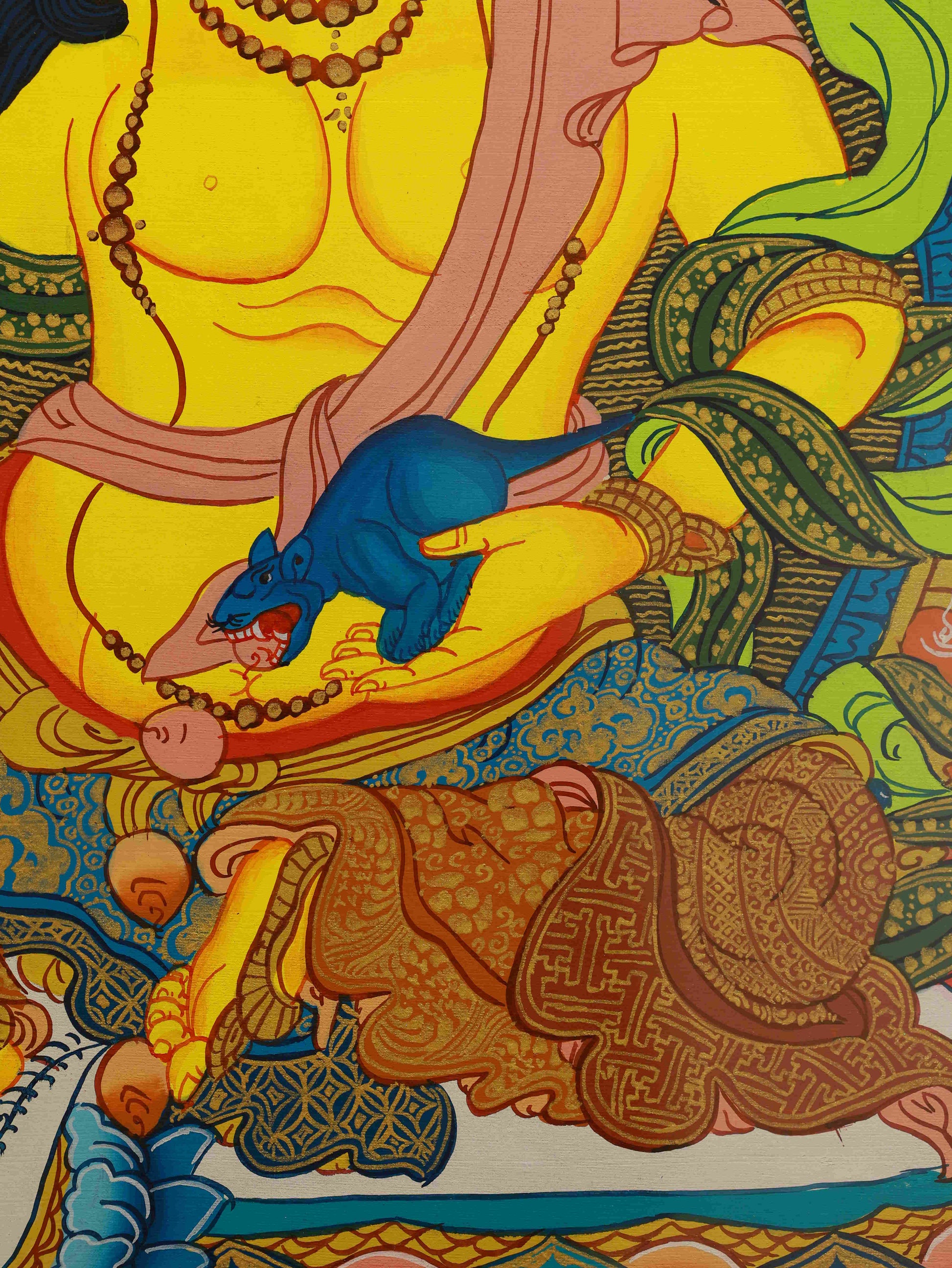 Yellow Jambhala Tibetan Thangka promoting career success, wisdom, and spiritual wealth.