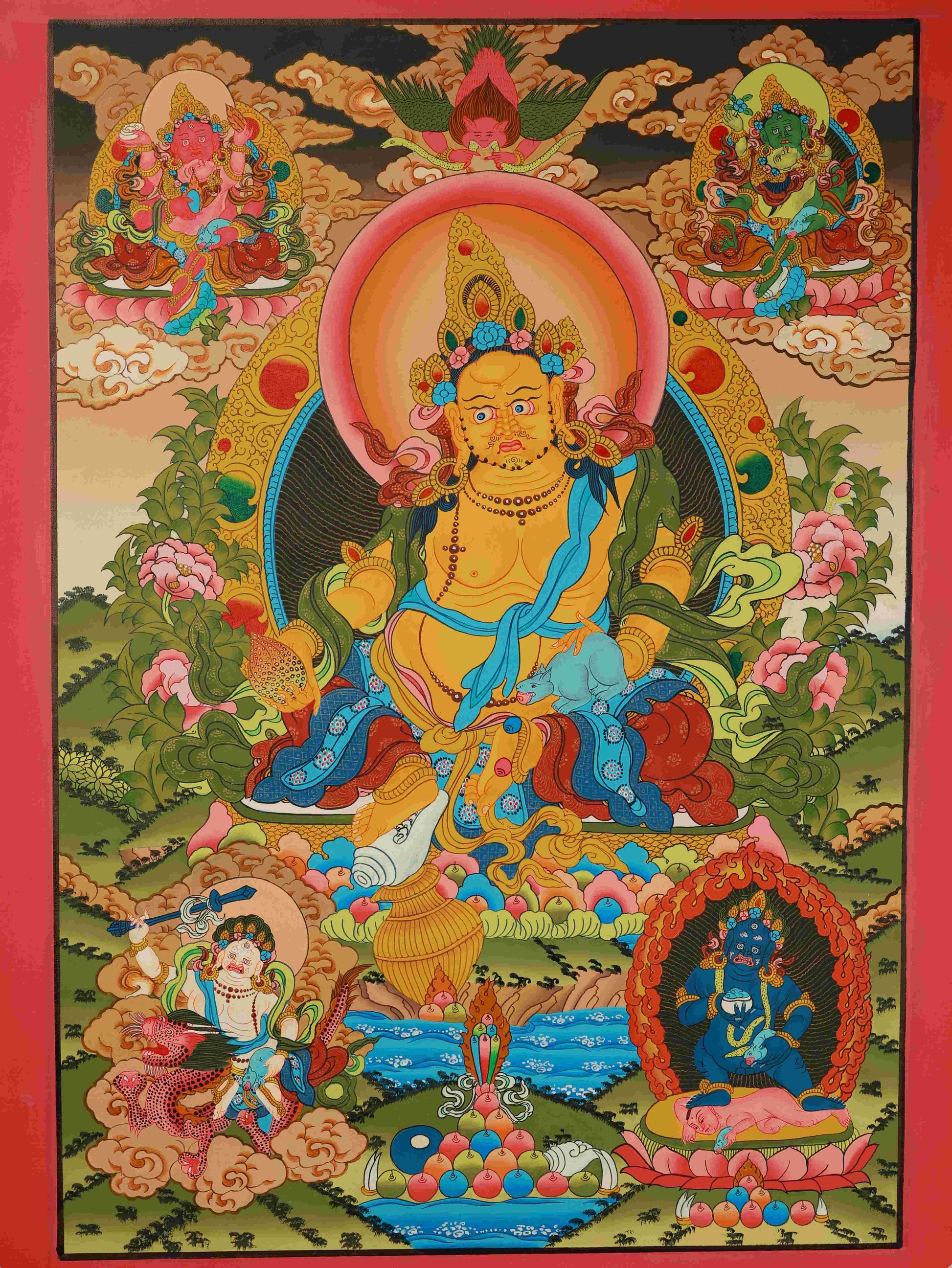 Tibetan Buddhist Yellow Jambhala Thangka painting, handmade on canvas with natural mineral pigments.