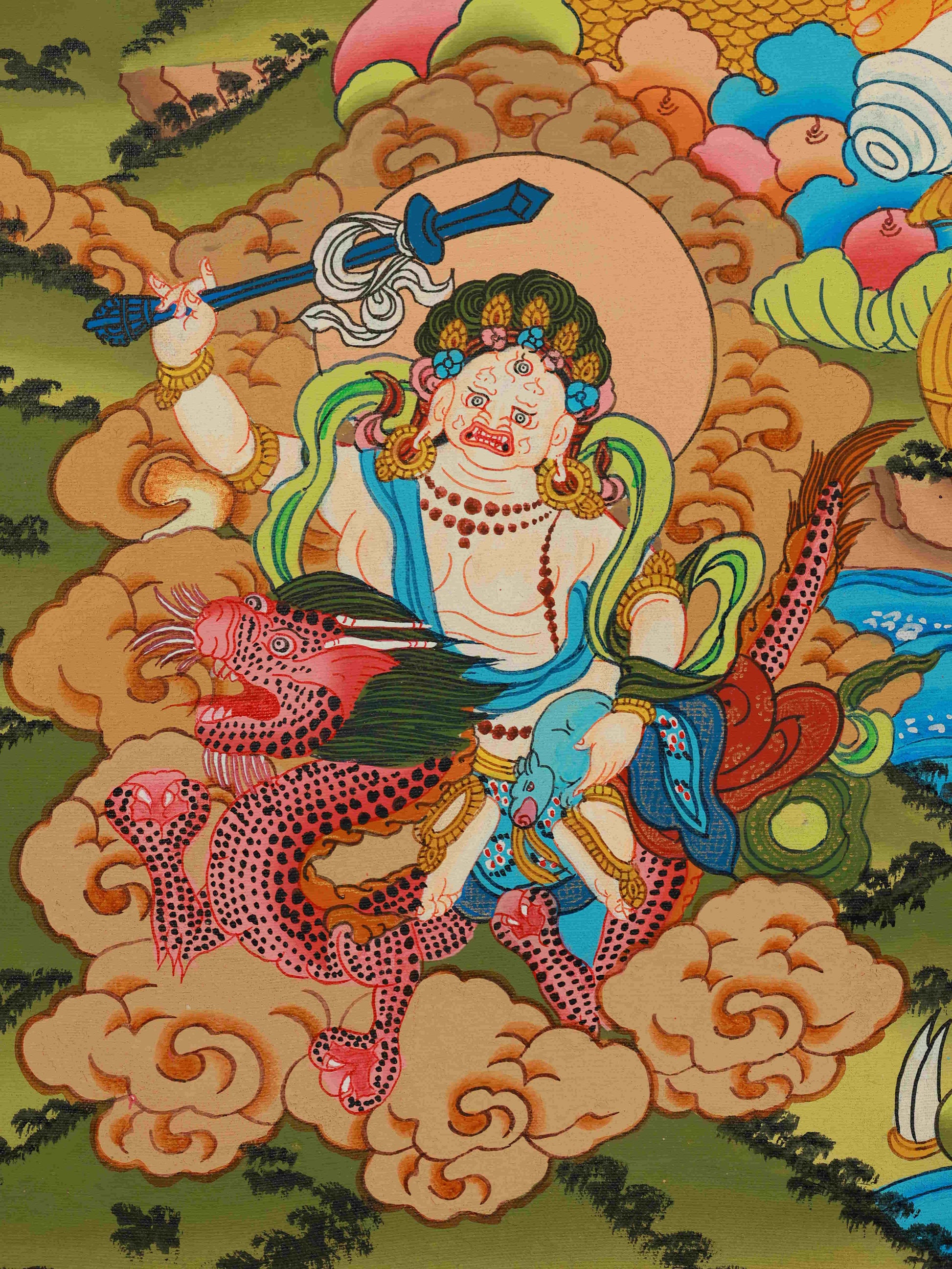 Tibetan Buddhist Thangka of Yellow Jambhala, the god of wealth, fully hand-painted with rich pigments.