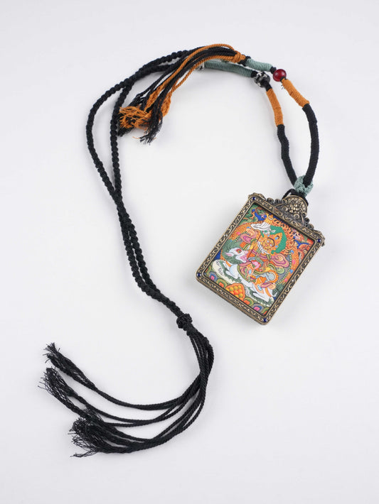 Tibetan Buddhist Vaisravana Wealth King thangka pendant, hand-painted on traditional thangka canvas with natural mineral pigments for abundance and protection.