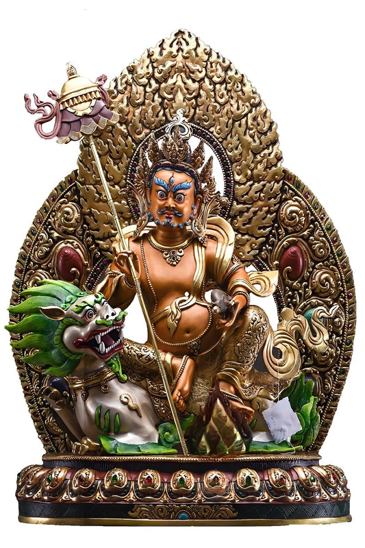 Authentic Tibetan Buddhist Vaishravana statue, copper and mineral pigments, a spiritual art piece symbolizing wealth and divine protection.