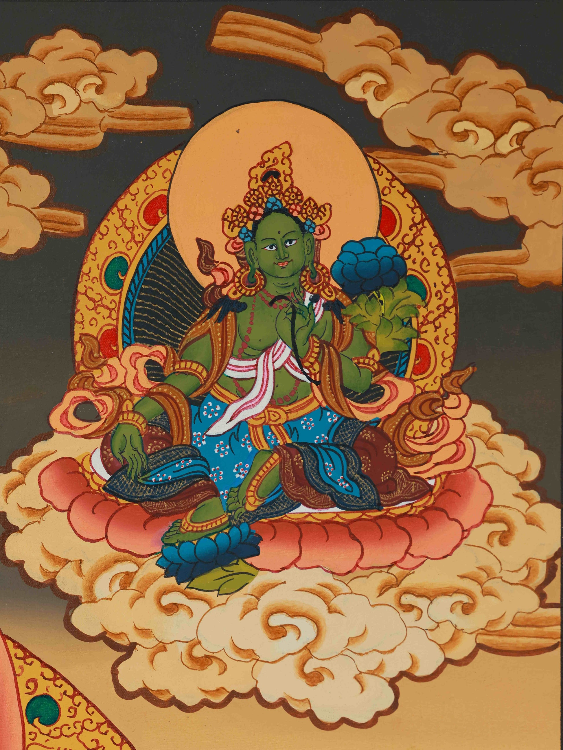 Fine art Yellow Jambhala Thangka from Tibetan Buddha tradition, hand-painted using mineral pigments on Thangka canvas, symbolizing prosperity.