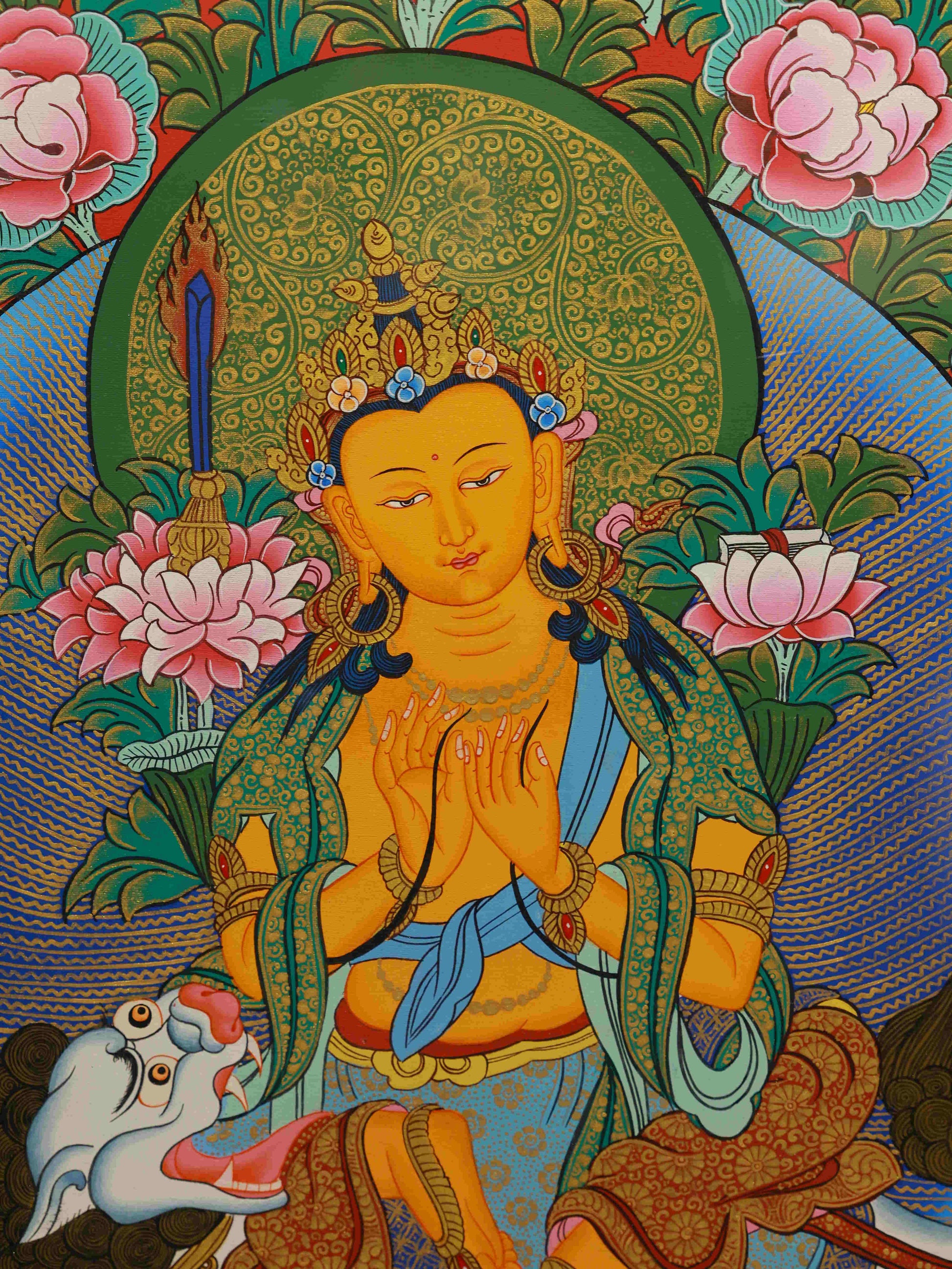 Handcrafted Manjushri Thangka, hand-painted Tibetan Buddhist art inspiring inner wisdom and meditation.