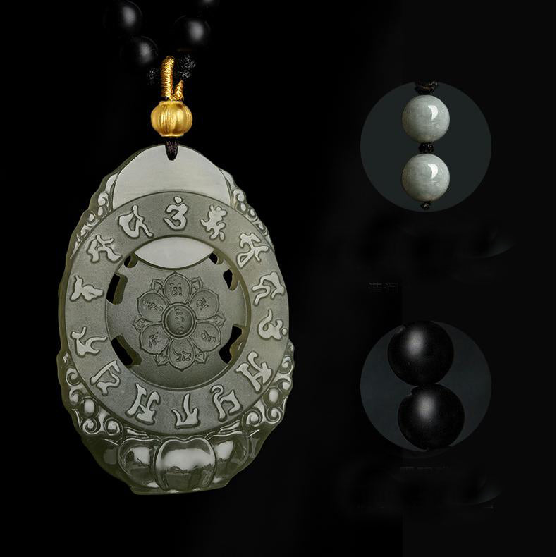 Elegant Hetian jade necklace inspired by Buddhist art, symbolizing harmony and longevity.