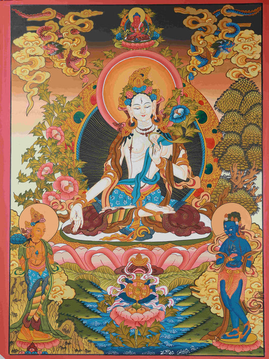 Authentic Tibetan Buddhist Thangka - Hand Painted White Tara Spiritual Masterpiece