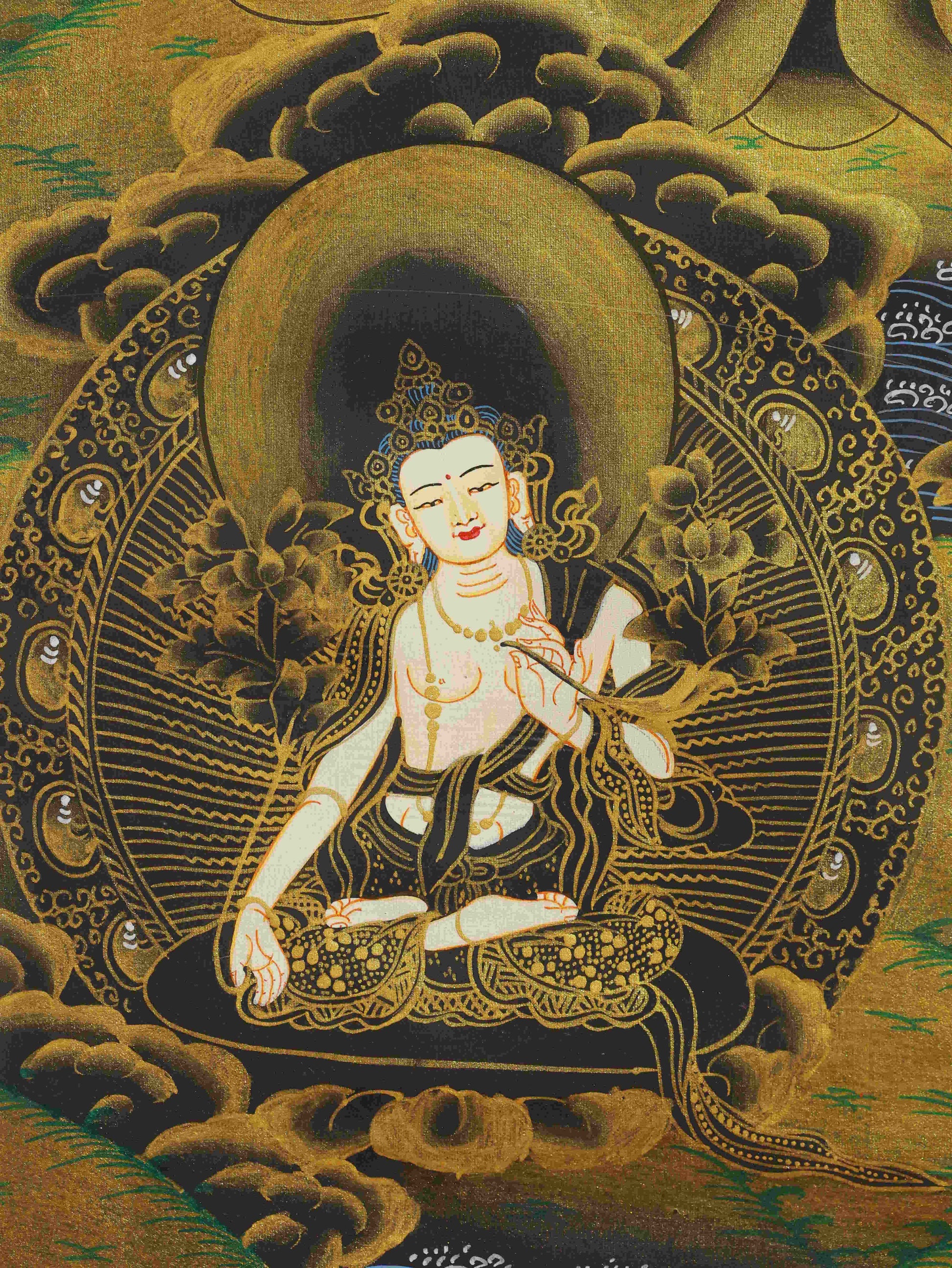 Sacred Thangka art of Lord Manjushri in Tibetan Buddhist tradition, hand-painted on thangka fabric with natural mineral colors, radiating wisdom and serenity.