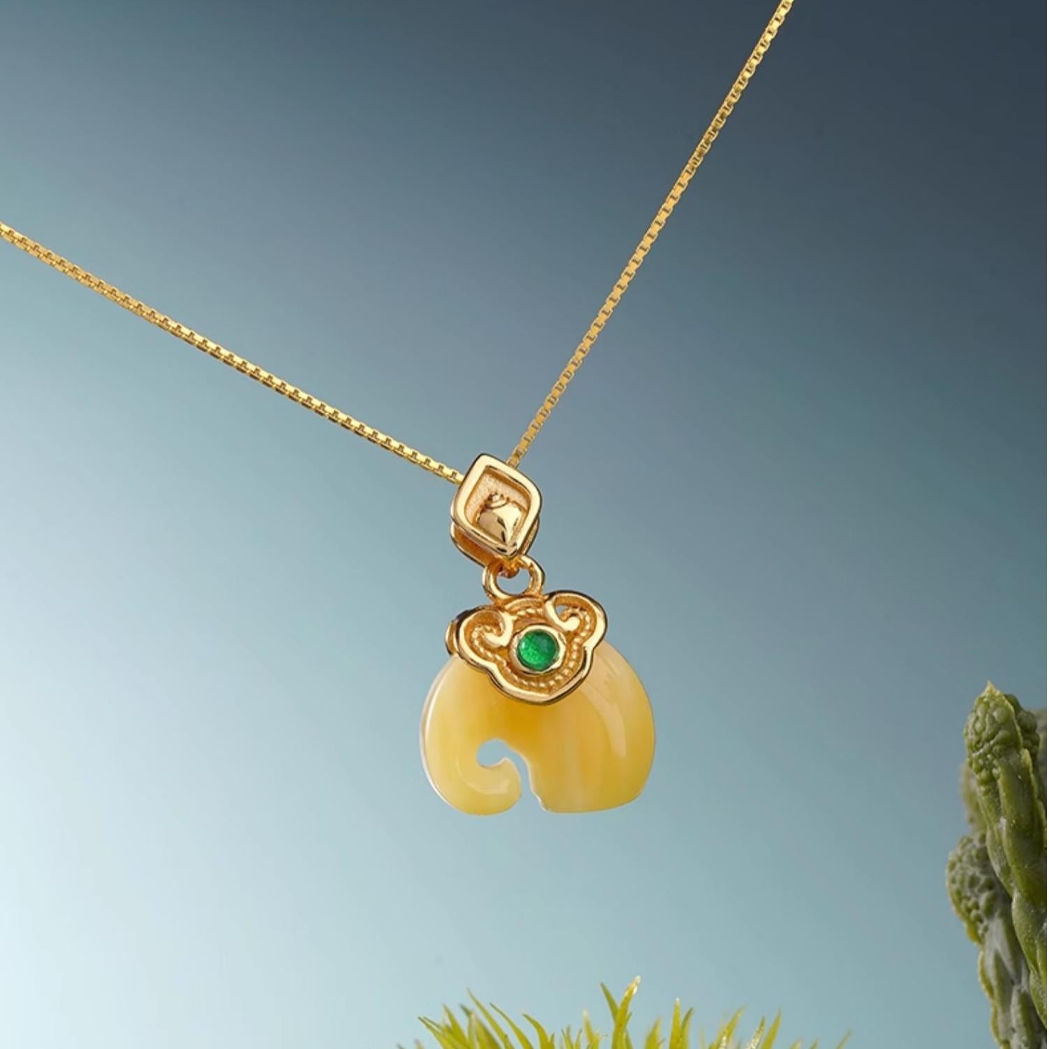 Ganesha-Inspired Tibetan Buddhist Pendant with Amber and 925 Silver