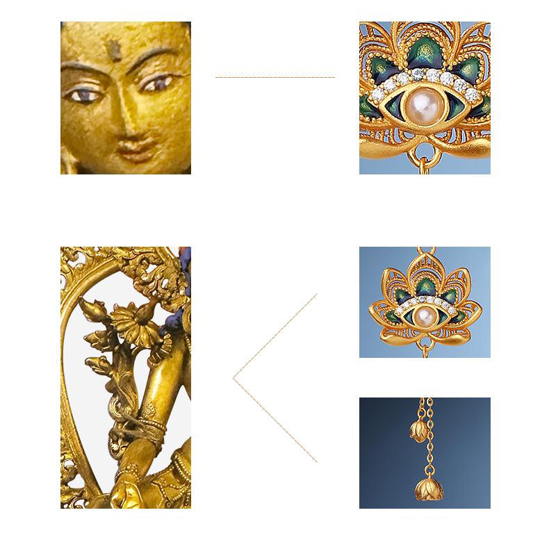 Tibetan Buddhist jewelry piece featuring lotus, wisdom eye, and pearl drop design for spiritual insight.
