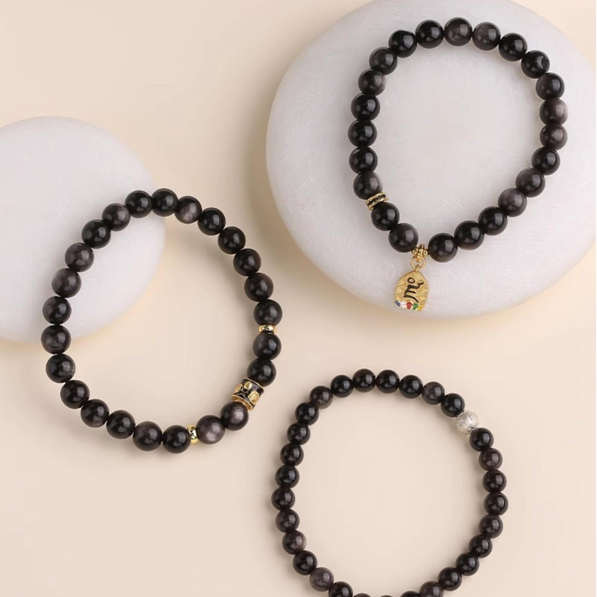 Handmade Xingye silver obsidian bracelet designed for spiritual grounding and night-sky symbolism.