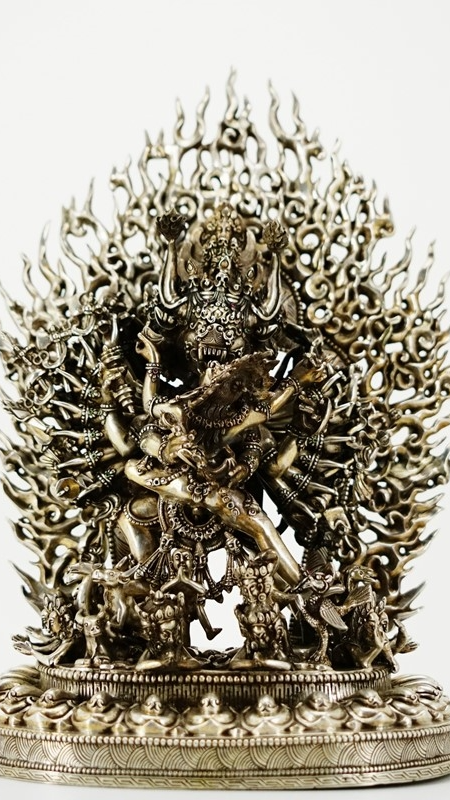 Tantric deity Yamantaka statue in pure silver, handcrafted Tibetan Buddhist statues with mineral pigment detailing, authentic Buddha Statue-Art.