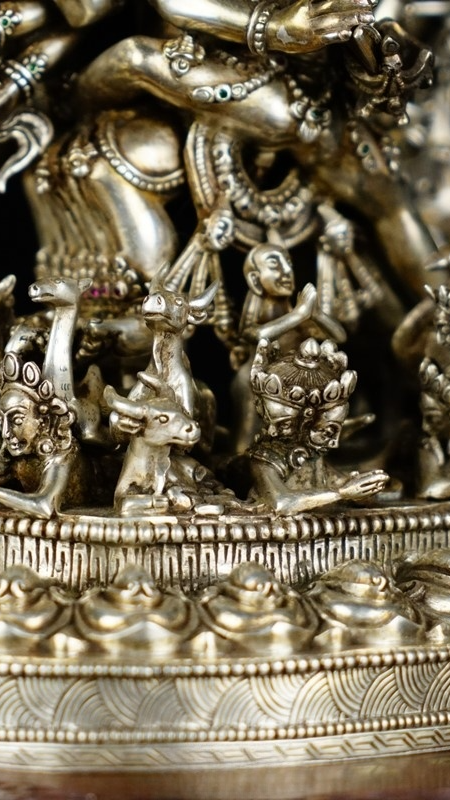 Vajra Yamantaka silver statue with mineral painting, fully handmade Tibetan Buddhist statues representing powerful Buddha Statue-Art for spiritual practice.