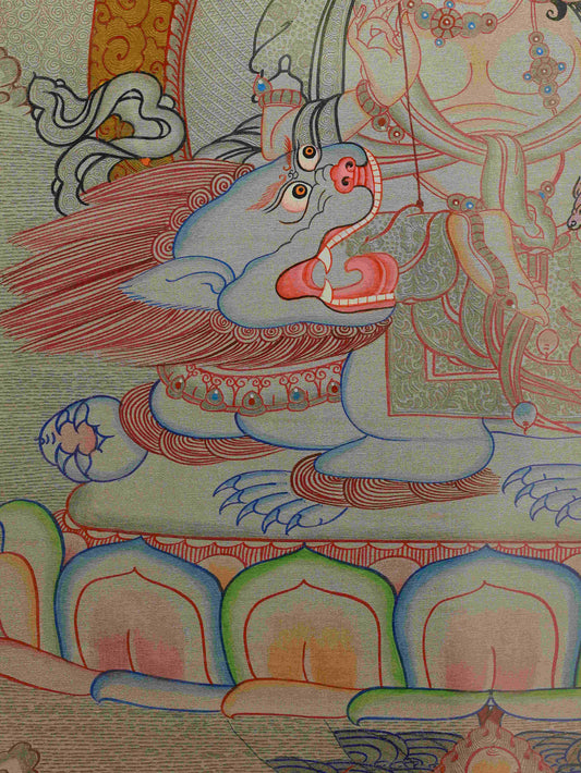 Tibetan Thangka painting of Yellow Jambhala, handmade with mineral pigments.
