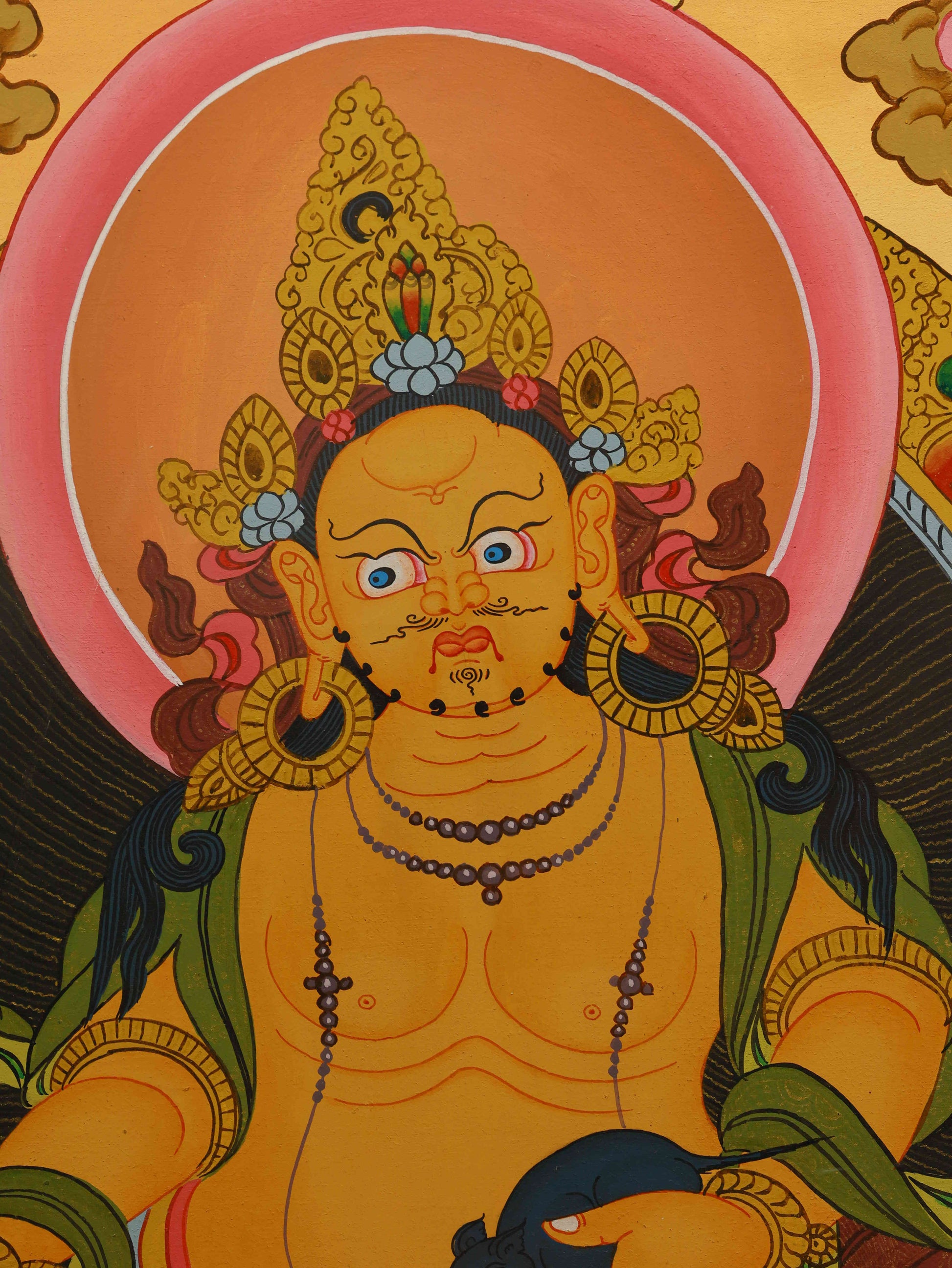 Authentic hand-painted Yellow Dzambhala Tibetan Thangka symbolizing abundance.