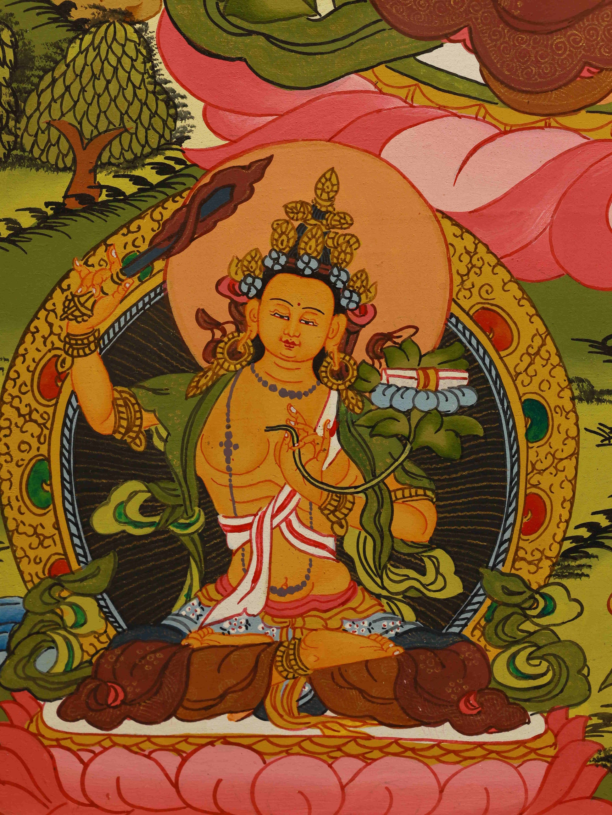 Handmade Yellow Dzambhala Thangka art crafted on traditional canvas.