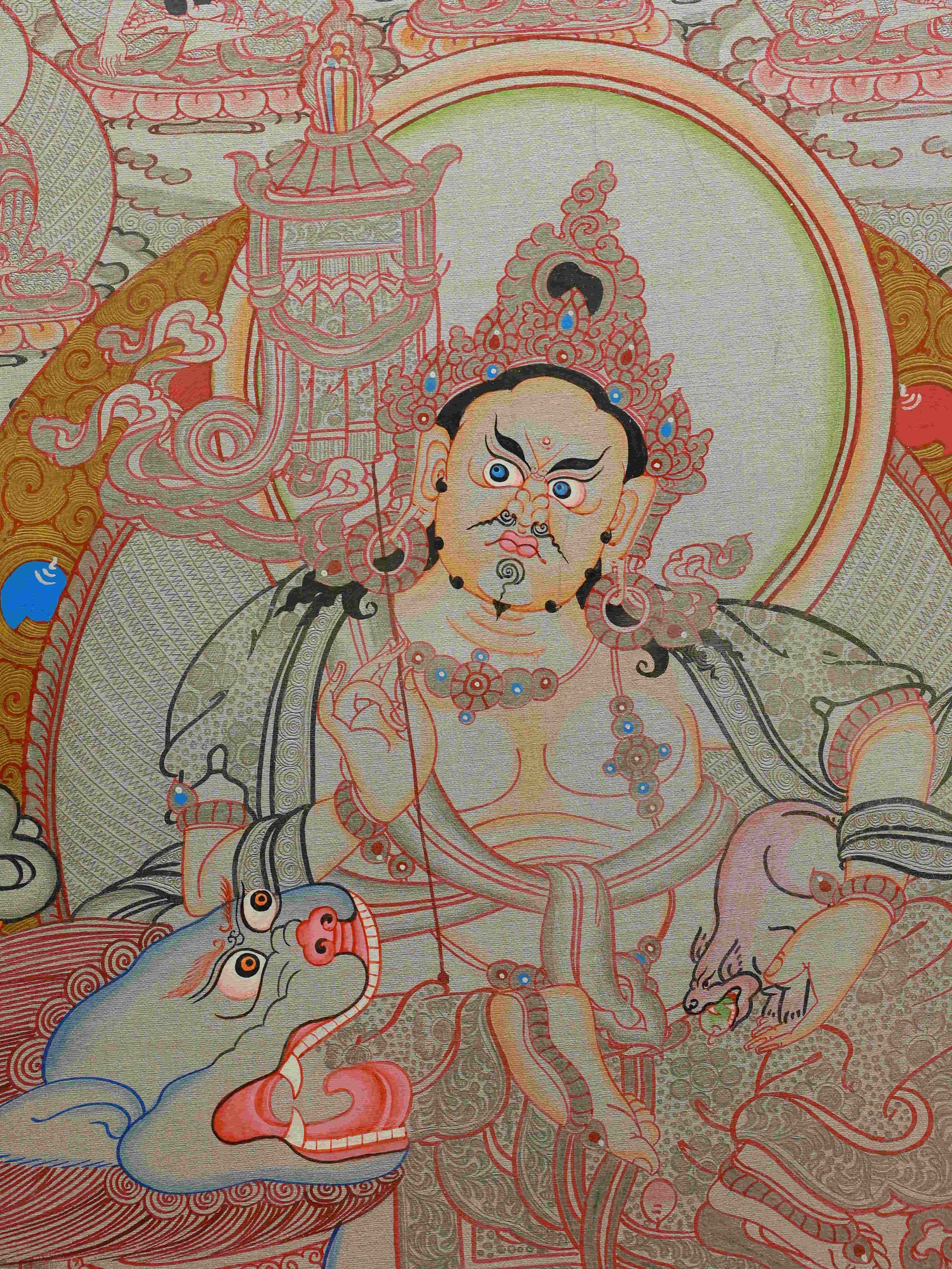 Authentic hand-painted Yellow Dzambhala Tibetan Thangka for abundance.