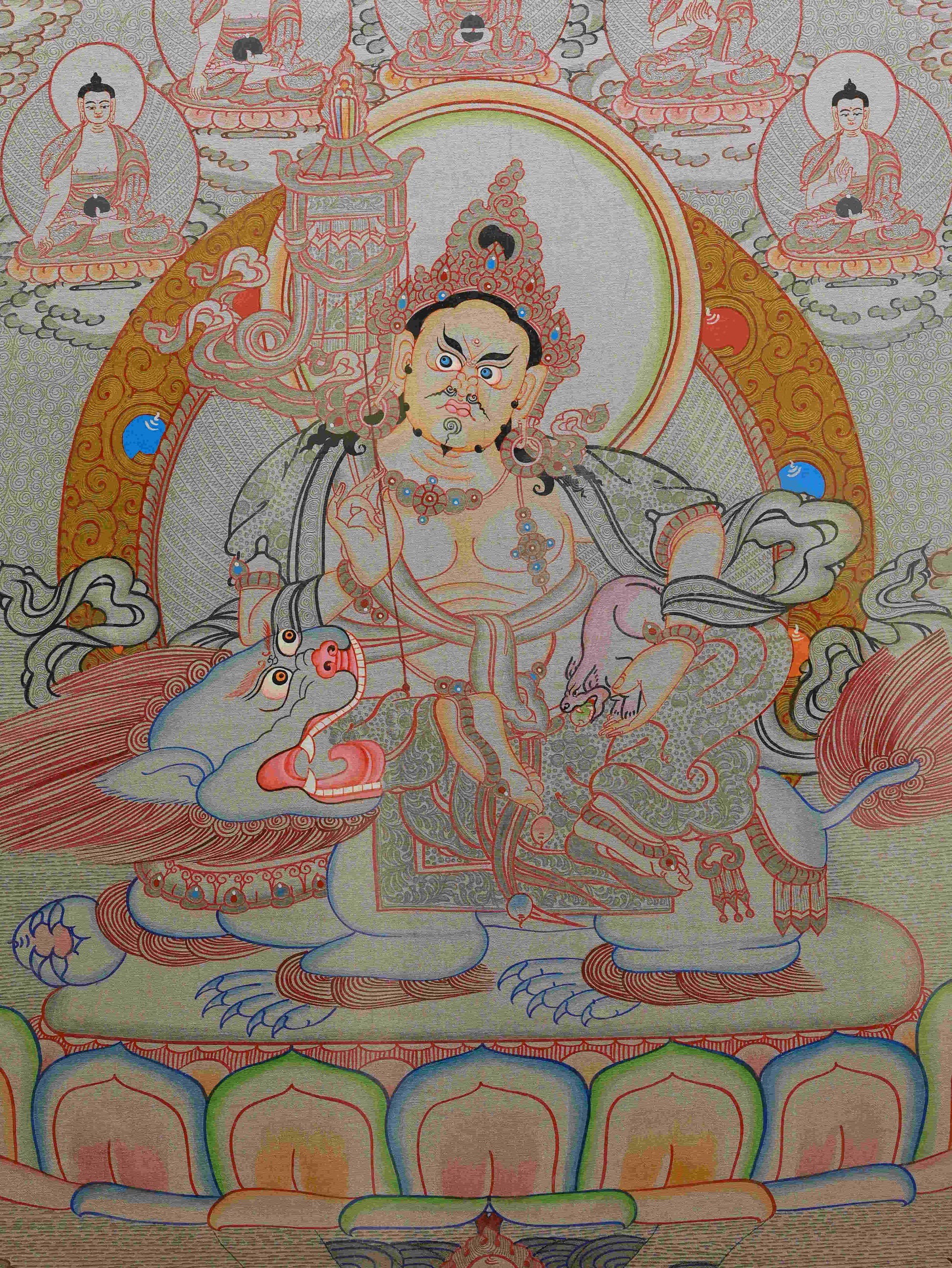 Handmade Yellow Dzambhala Thangka painting with traditional Tibetan techniques.