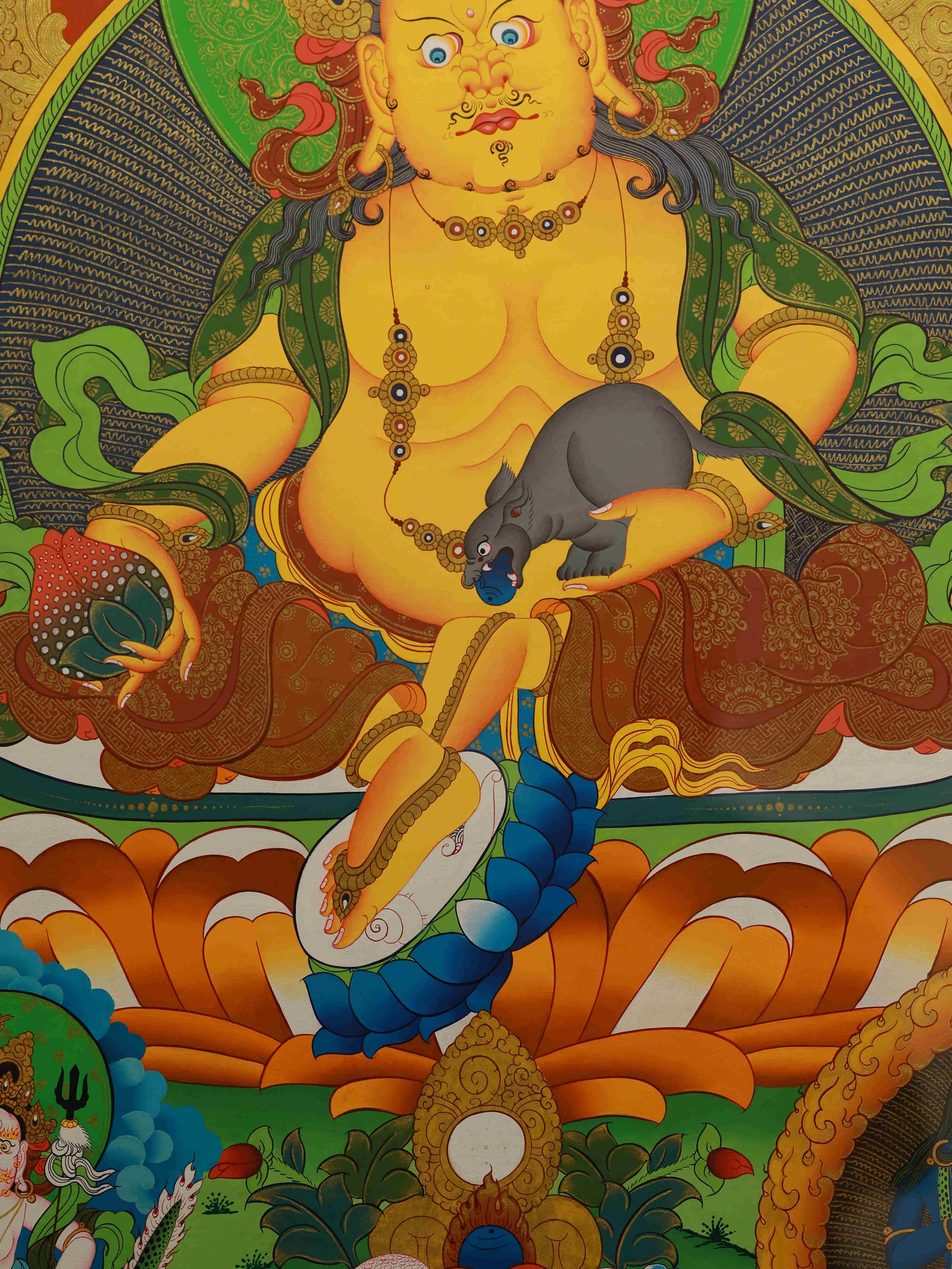Tantric Yellow Dzambhala Tibetan Thangka Painting, symbol of divine prosperity.