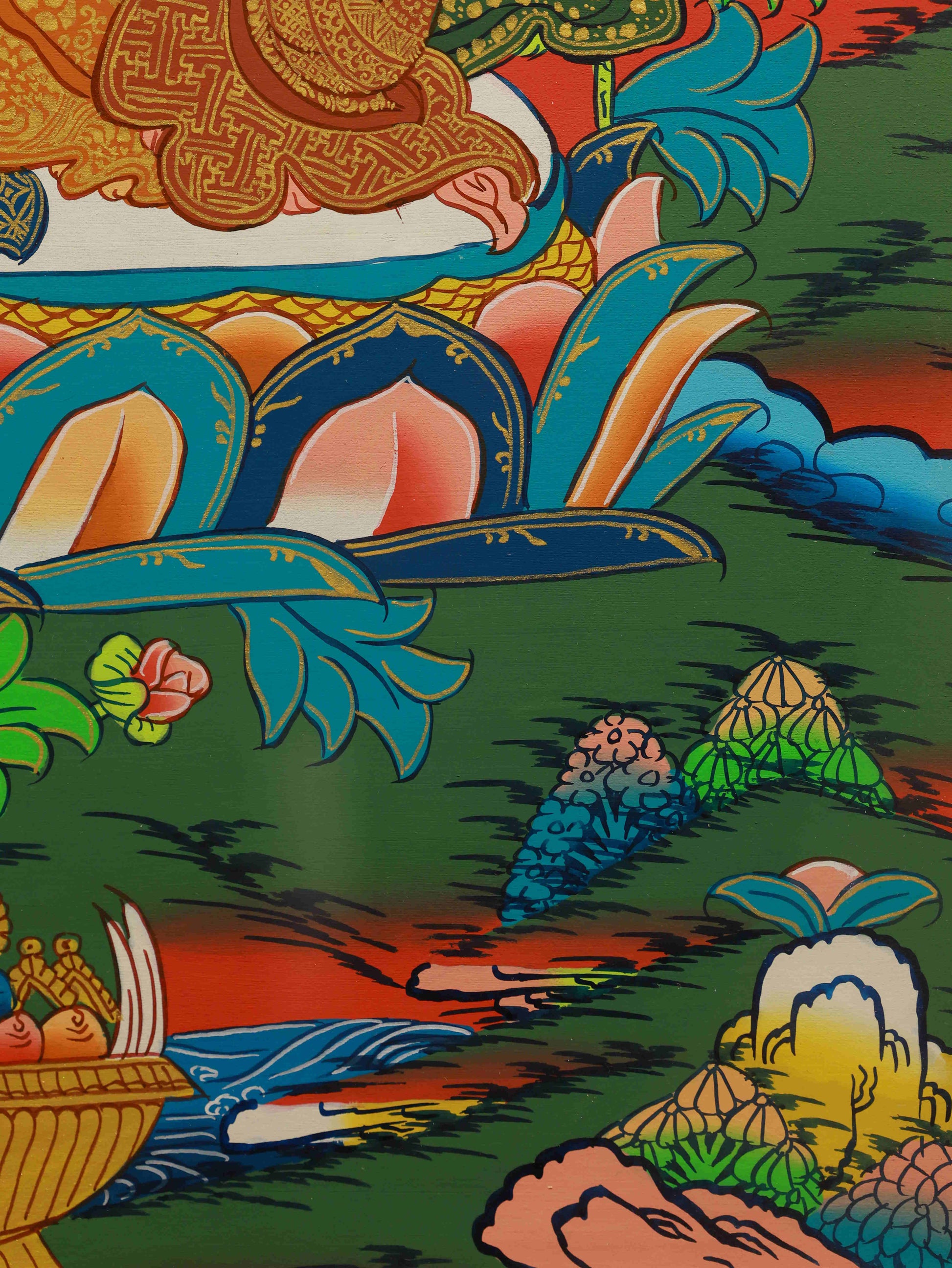 Traditional Tibetan Thangka painting of Yellow Dzambhala, deity of prosperity and generosity.
