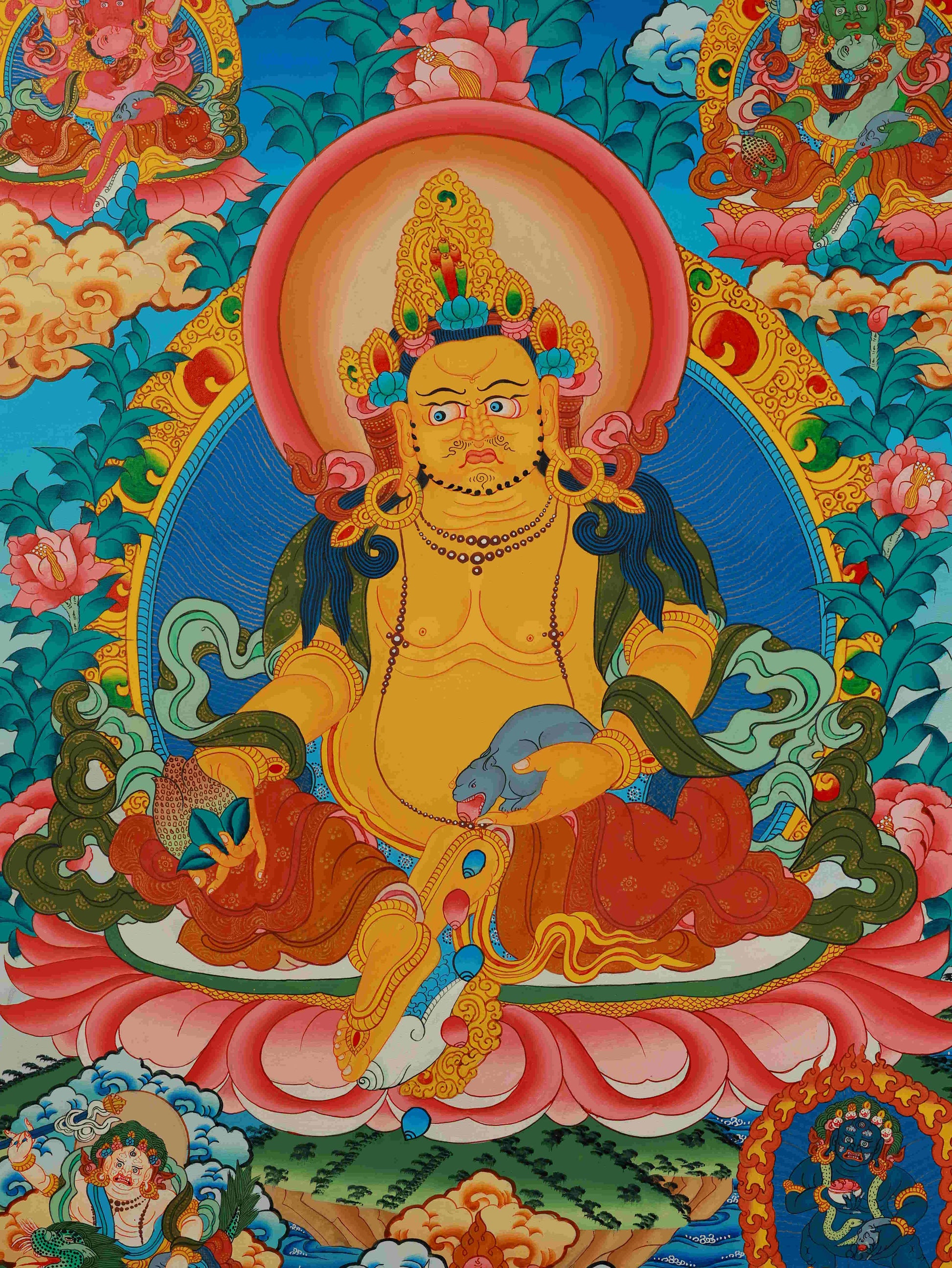 Sacred Tibetan-Buddhist Yellow Jambhala Thangka painting, handcrafted on traditional canvas with mineral pigments.