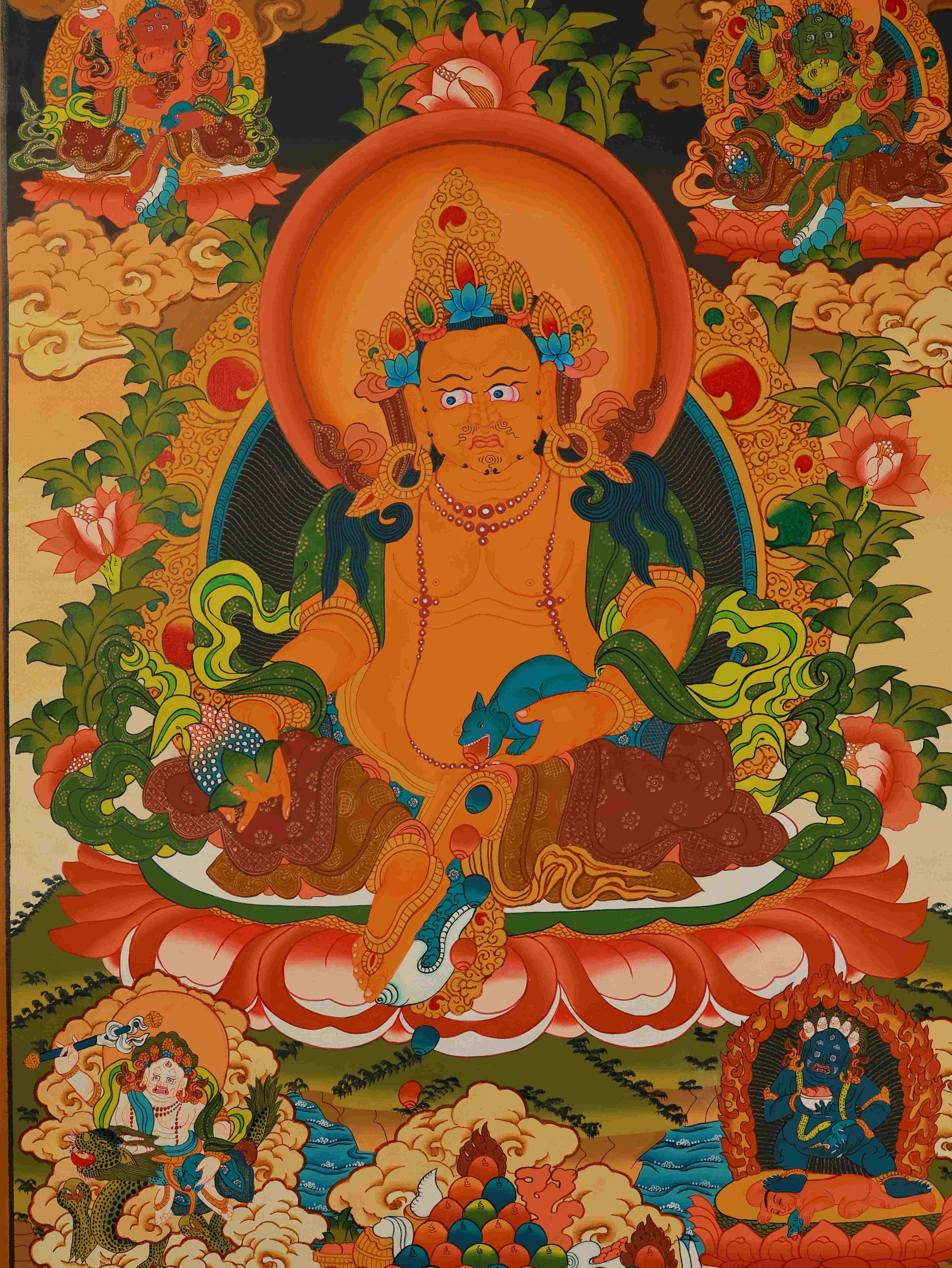 Handmade Yellow Jambhala Tibetan Thangka art on canvas, a sacred piece of Tibetan Buddhist craftsmanship.