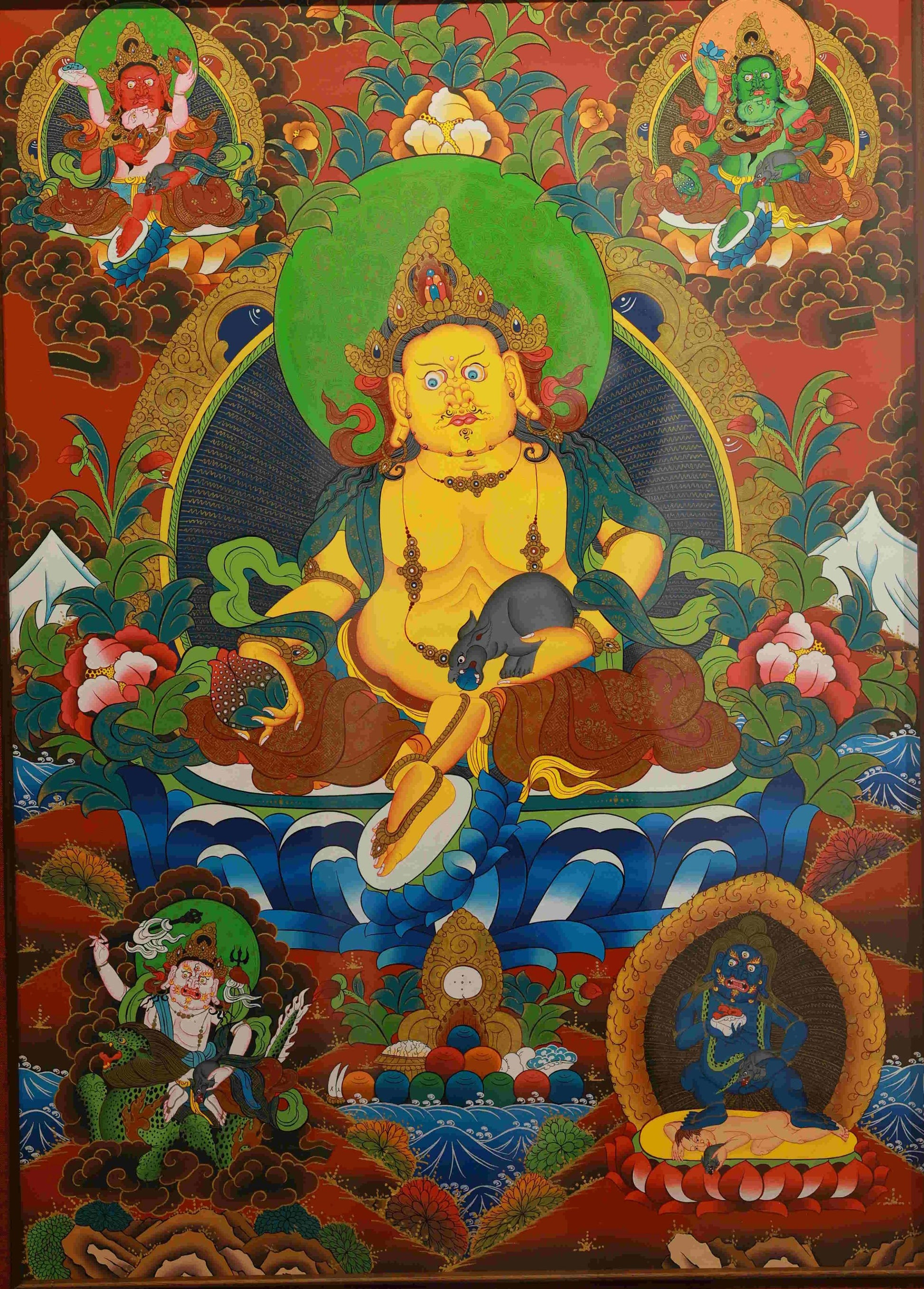 Handmade Tibetan Buddhist Yellow Dzambhala thangka painting symbolizing wealth and prosperity.